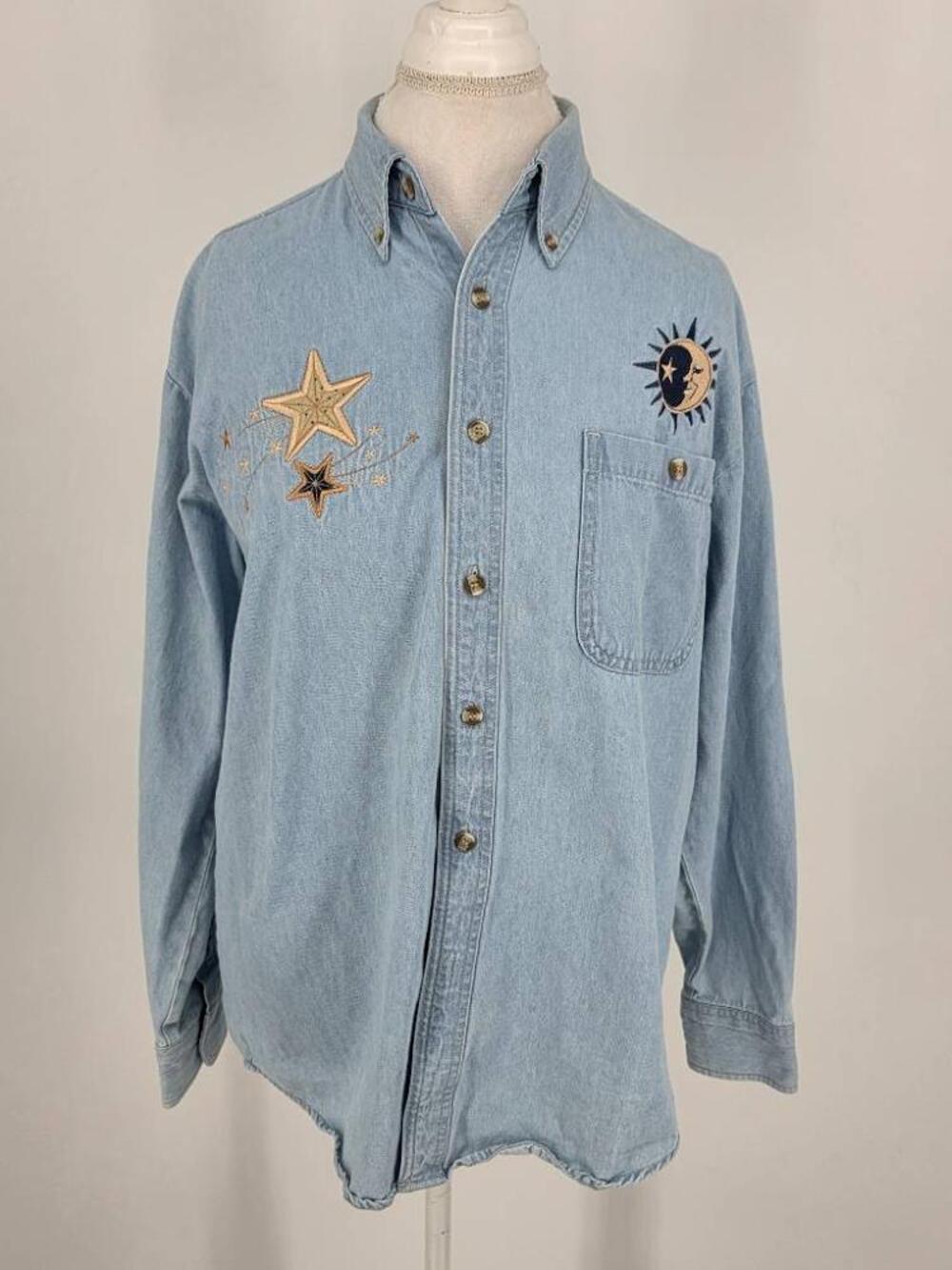 Vintage LA Loving Womens XL Celestial Denim Button Up Shirt Sun Moon Star Boho